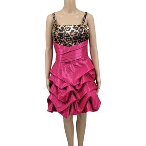 Trixxi Y2K Leopard Print and Hot Pink Ruffle Bubble Hem Teired Mini Dress Prom